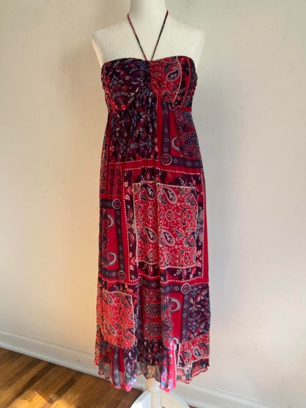 Maurices Red Paisley Bandana Print Halter Maxi Dress Smocked Medium Boho Cowgirl